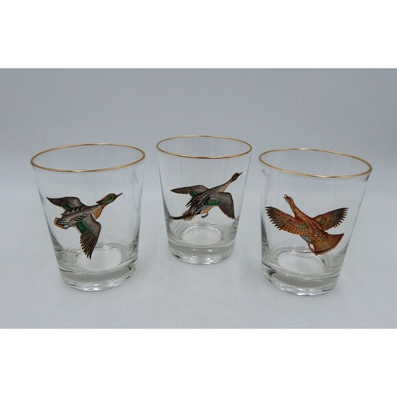 Ducks Waterfowl Double Old-Fashioned Rocks Glasses Glassware Gold Trim S/3 Sign - Picture 2 of 12
